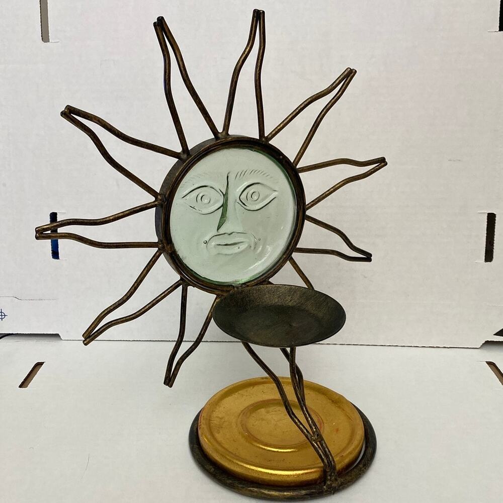 Large Vintage Celestial Face Sun God Metal Glass Candle Holder Votive Witchy 90s - Picture 6 of 14
